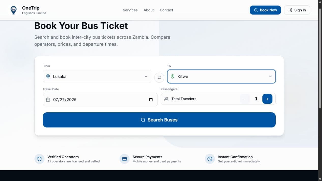 OneTrip trip search screen showing a Lusaka to Kitwe route lookup