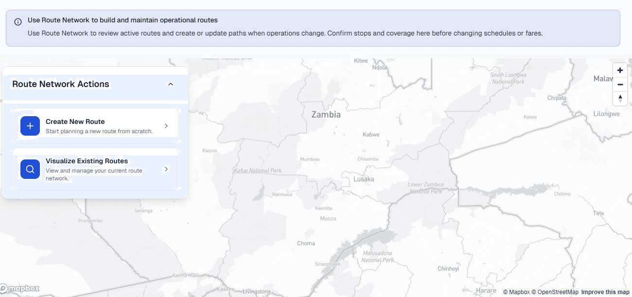 OneTrip operator route network management screen