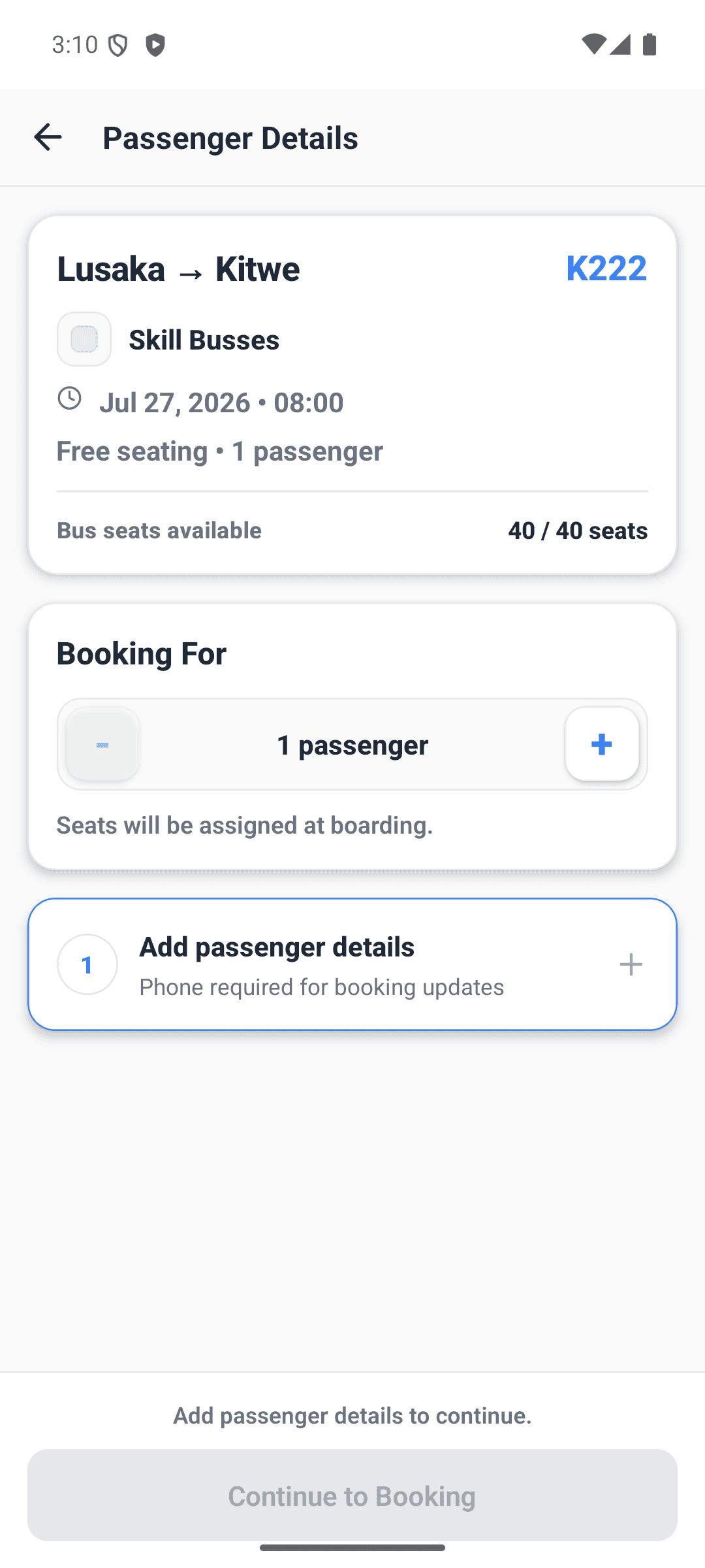 OneTrip passenger details and booking screen