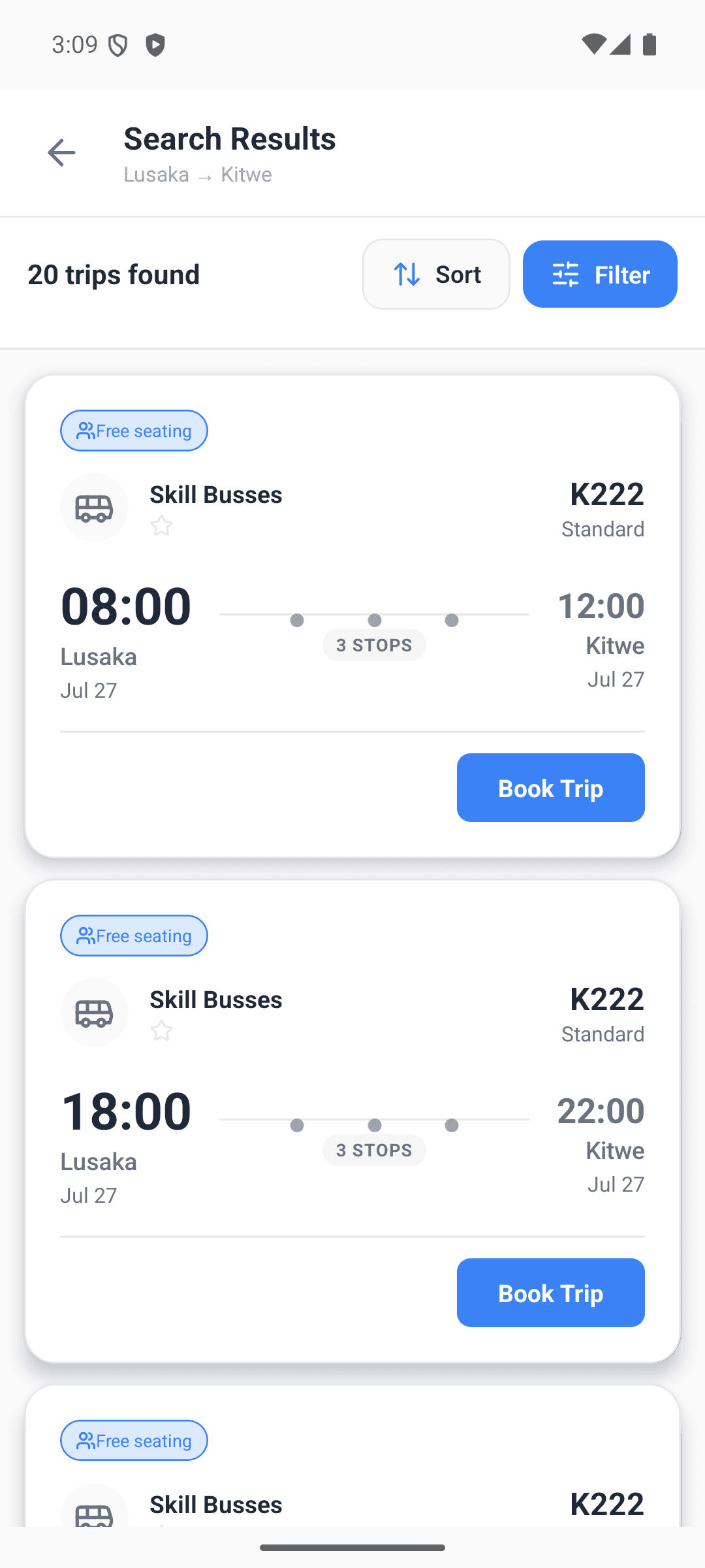 OneTrip mobile search results listing available bus departures