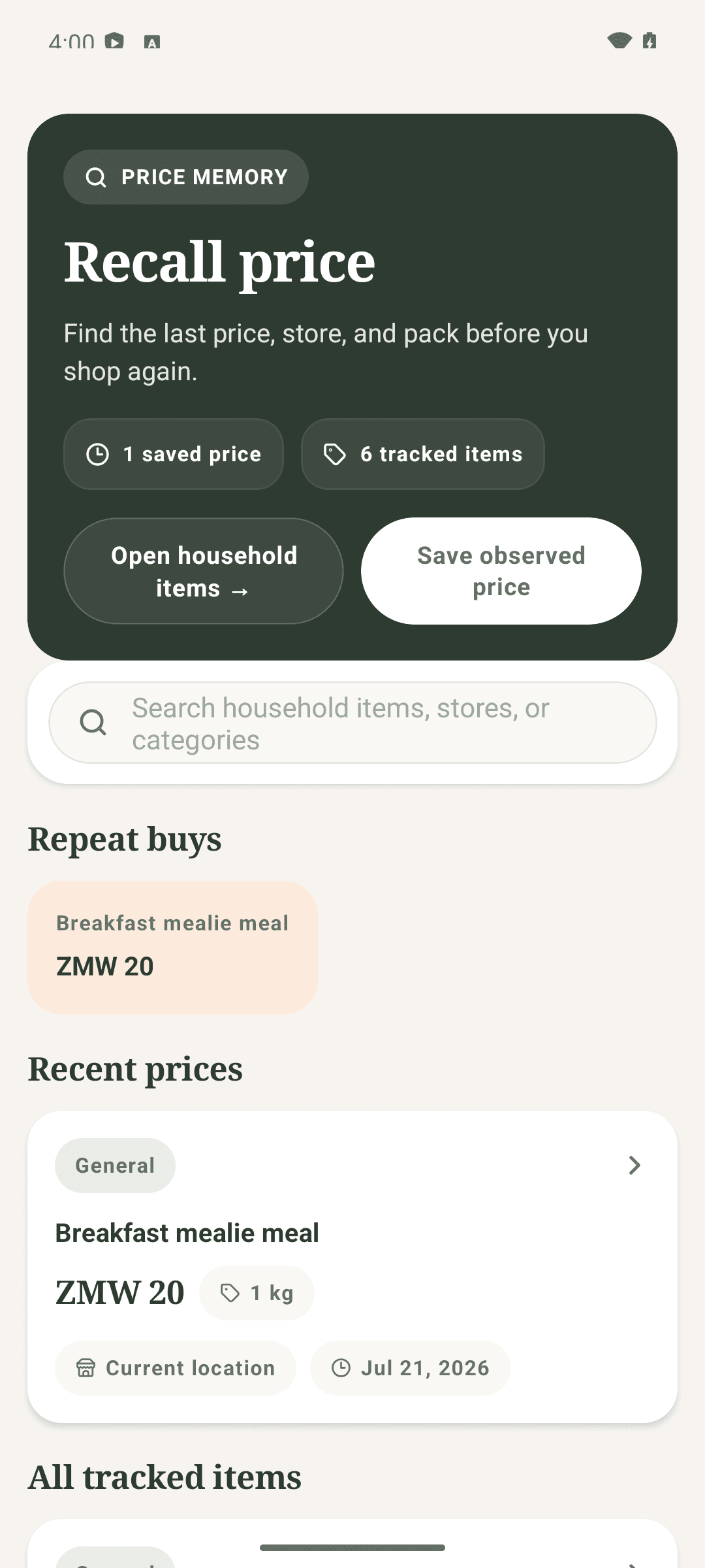 Pantry Price Memory screen recalling a previously observed grocery price